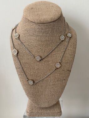 Banana Republic BR Signed Silver Tone Pave Crystal Disc Station Necklace Long